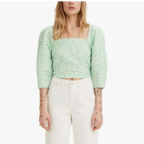 Levi’s Puff Sleeve Floral Crop Top Size Large - Picture 3 of 7